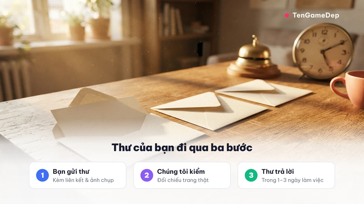 Ba bước xử lý thư liên hệ TenGameDep, phản hồi trong 1-3 ngày làm việc
