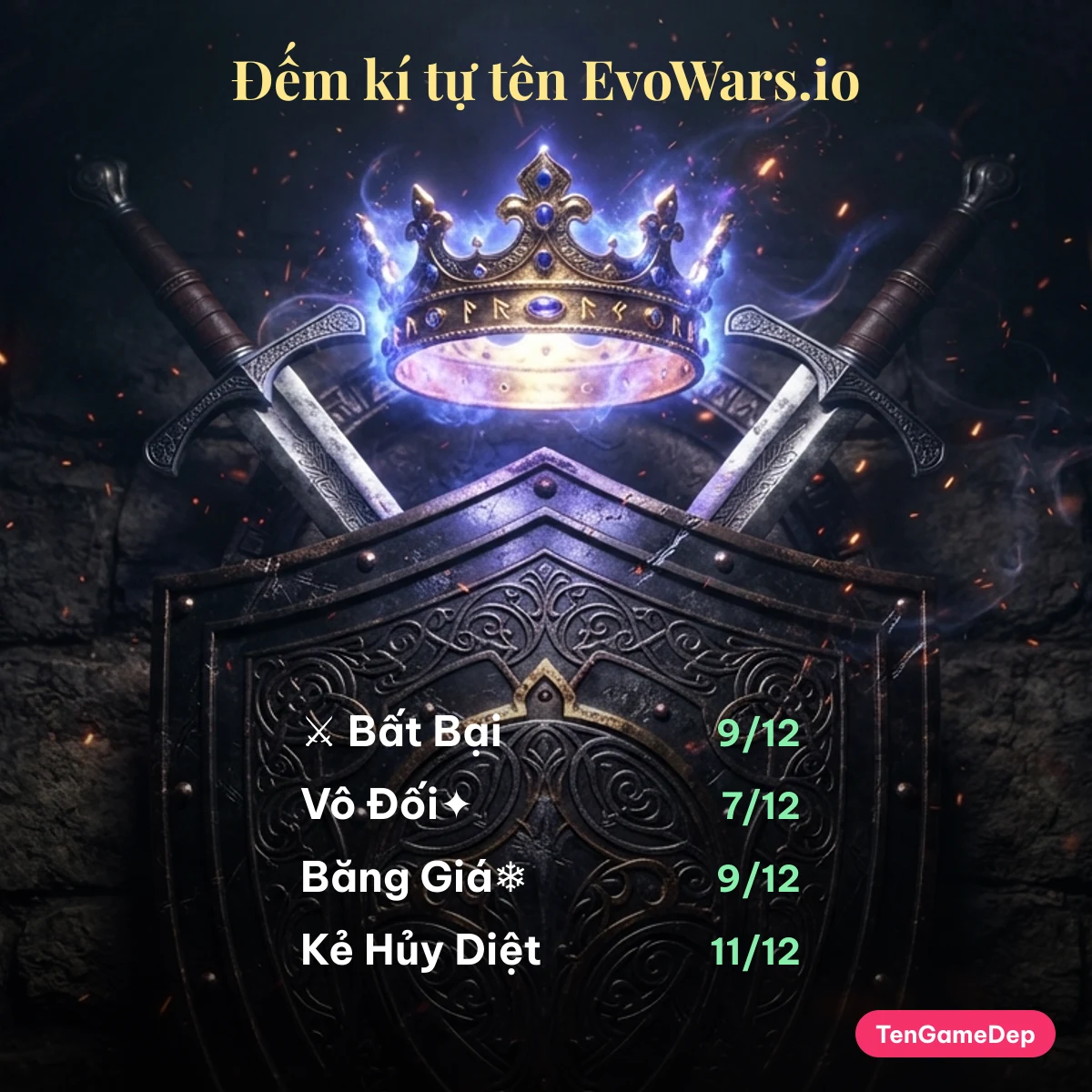 Tên EvoWars.io đẹp hiện trên đầu chiến binh, kèm số kí tự so với mốc 12