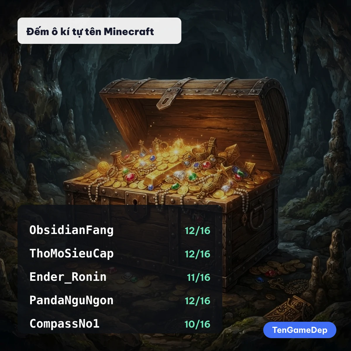 Tên Minecraft đẹp hiển thị trên bảng tên nhân vật, kèm số kí tự so với giới hạn 16